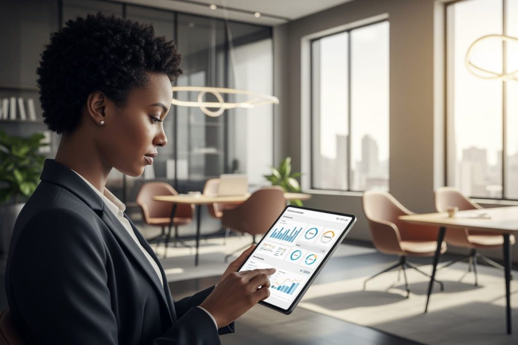 Professional using a tablet to track business management metrics in a bright office