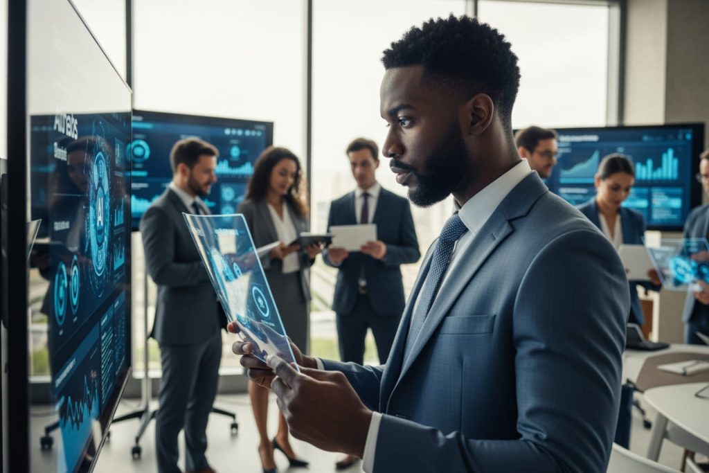 Futuristic business management scene with AI dashboards and team analytics