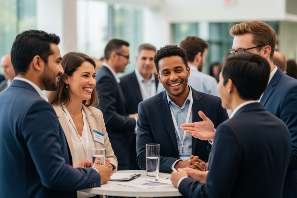 A professional networking event with a group of four individuals in business attire engaged in conversation around a white table. The central focus is on a smiling woman in a beige blazer with a name tag,' a possible frequent attendee of business networking events NJ. The background shows other attendees mingling in a bright, modern venue.