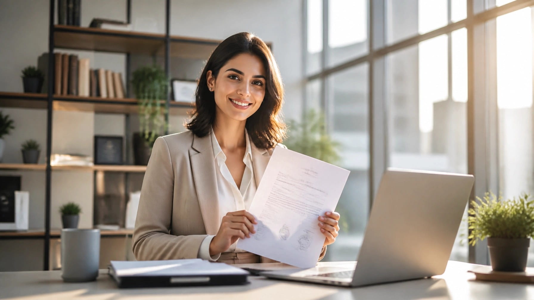 Smiling woman in a beige blazer holding up a business registration document at a modern office desk.