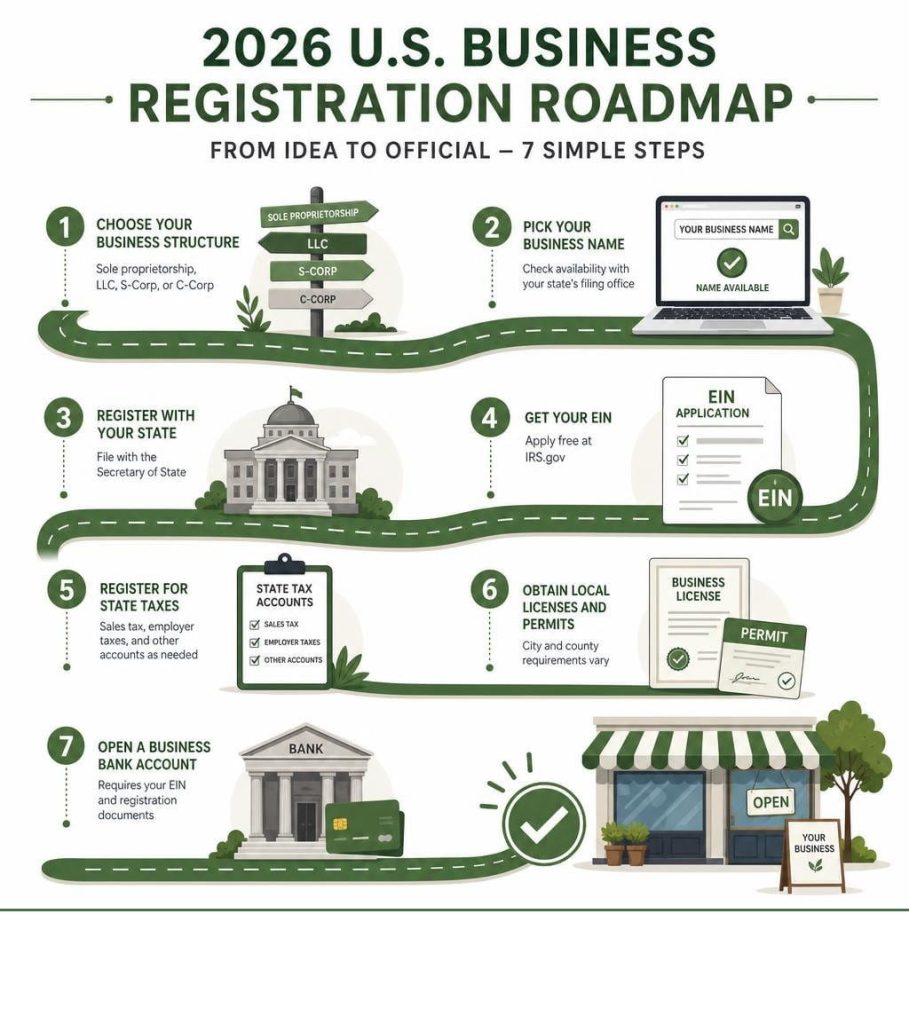 Colorful infographic showing 7 steps to complete the business registration process in the US for 2026.