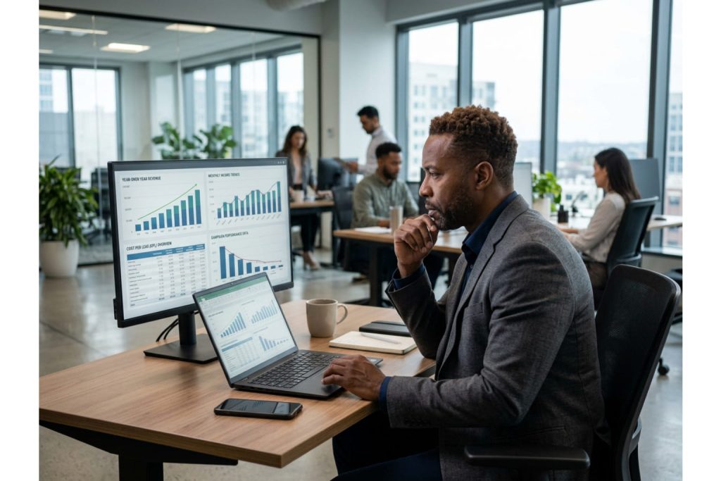Focused Black businessman reviewing business registration and financial data on a monitor and laptop in a modern office.
