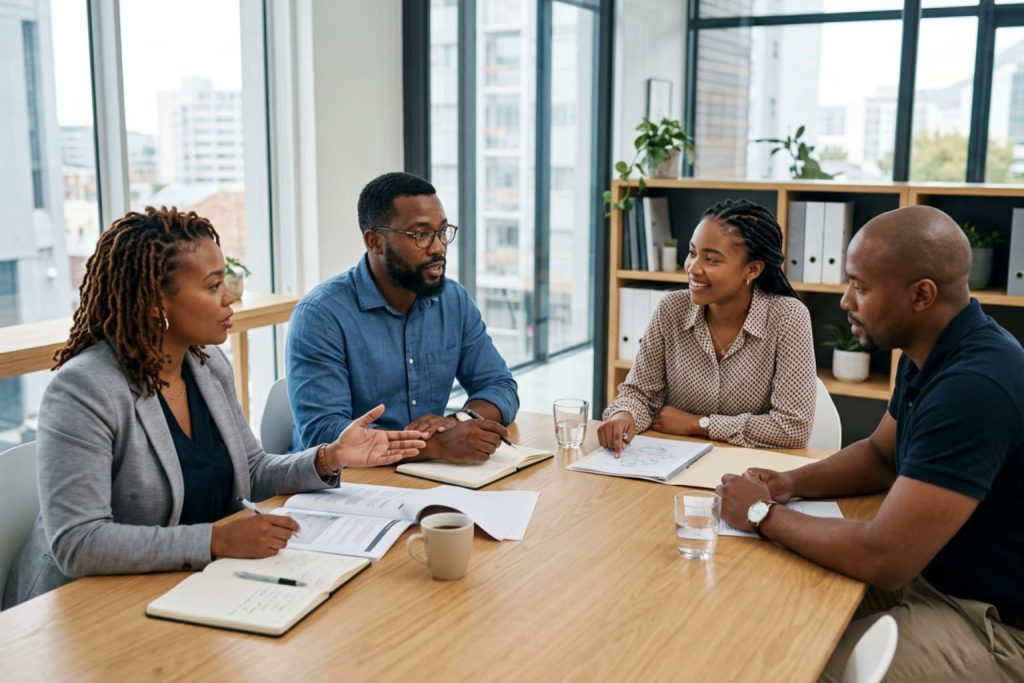 Diverse team of four Black professionals discussing business registration documents around a conference table.