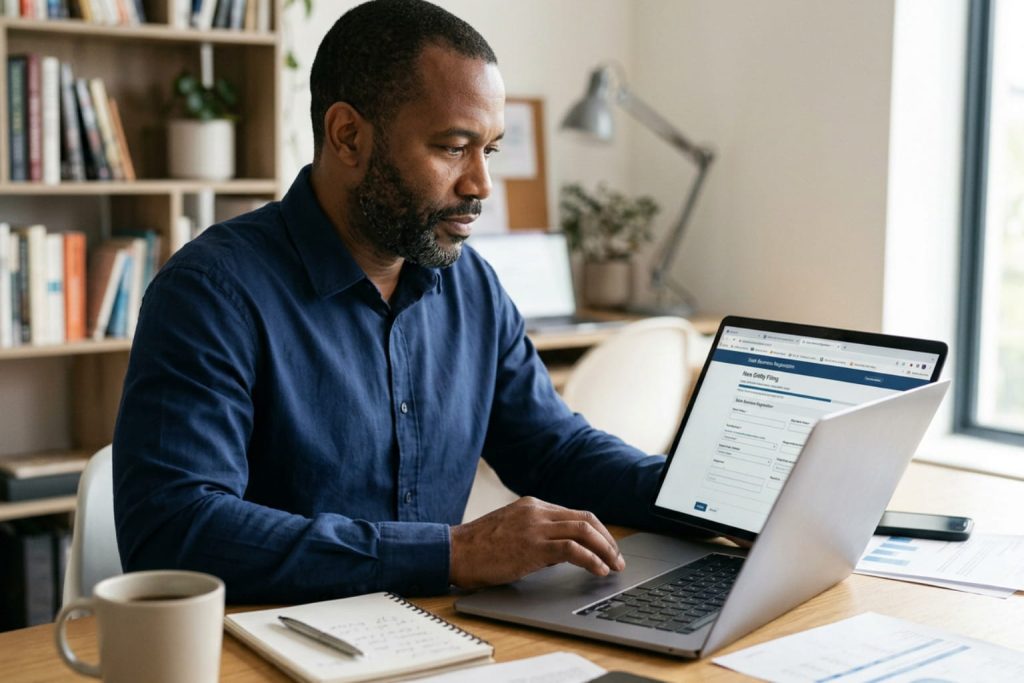 Black entrepreneur completing an online business registration form on a laptop at a home office desk.