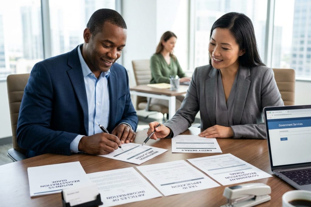 Entrepreneur and female consultant filling out business registration forms together at a high-rise office.