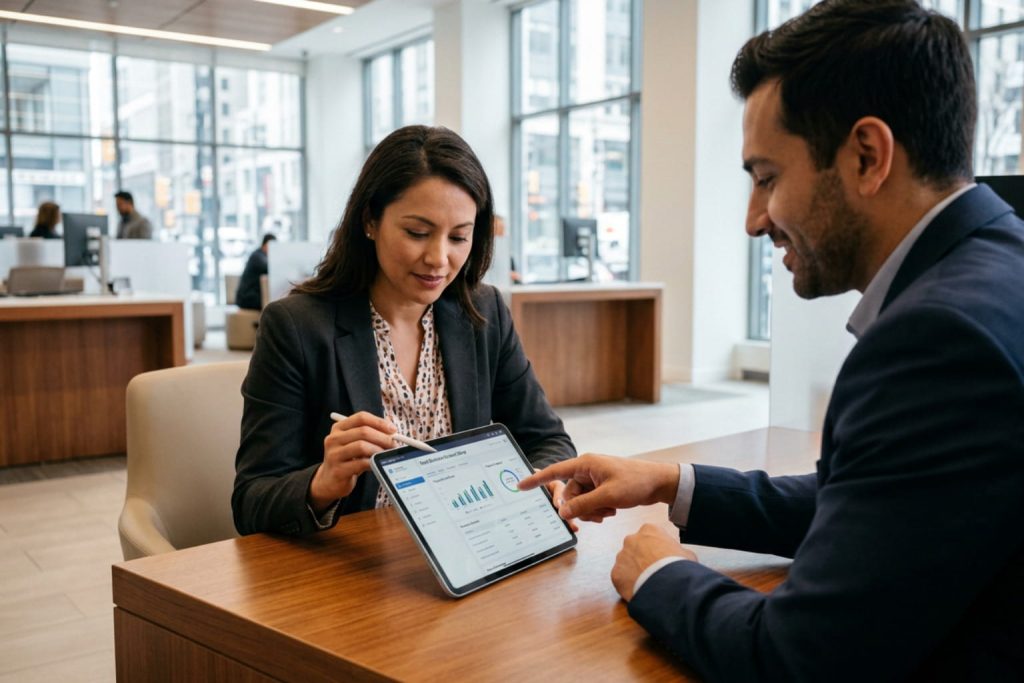 Financial advisor and client reviewing business registration account data on a tablet in a modern office.