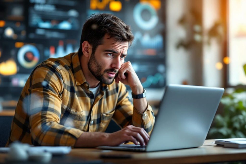 A man with dark hair and a beard sits at a wooden desk, focused on a silver laptop, pondering the challenges of marketing attribution. He wears a yellow and dark blue plaid shirt over a white undershirt, with his left hand resting on his chin and his right hand on the laptop. The background features blurred lights and abstract data visualizations, suggesting an analytical or data-driven environment. A stack of papers lies to the right of the laptop, and faint greenery is visible in the far background.