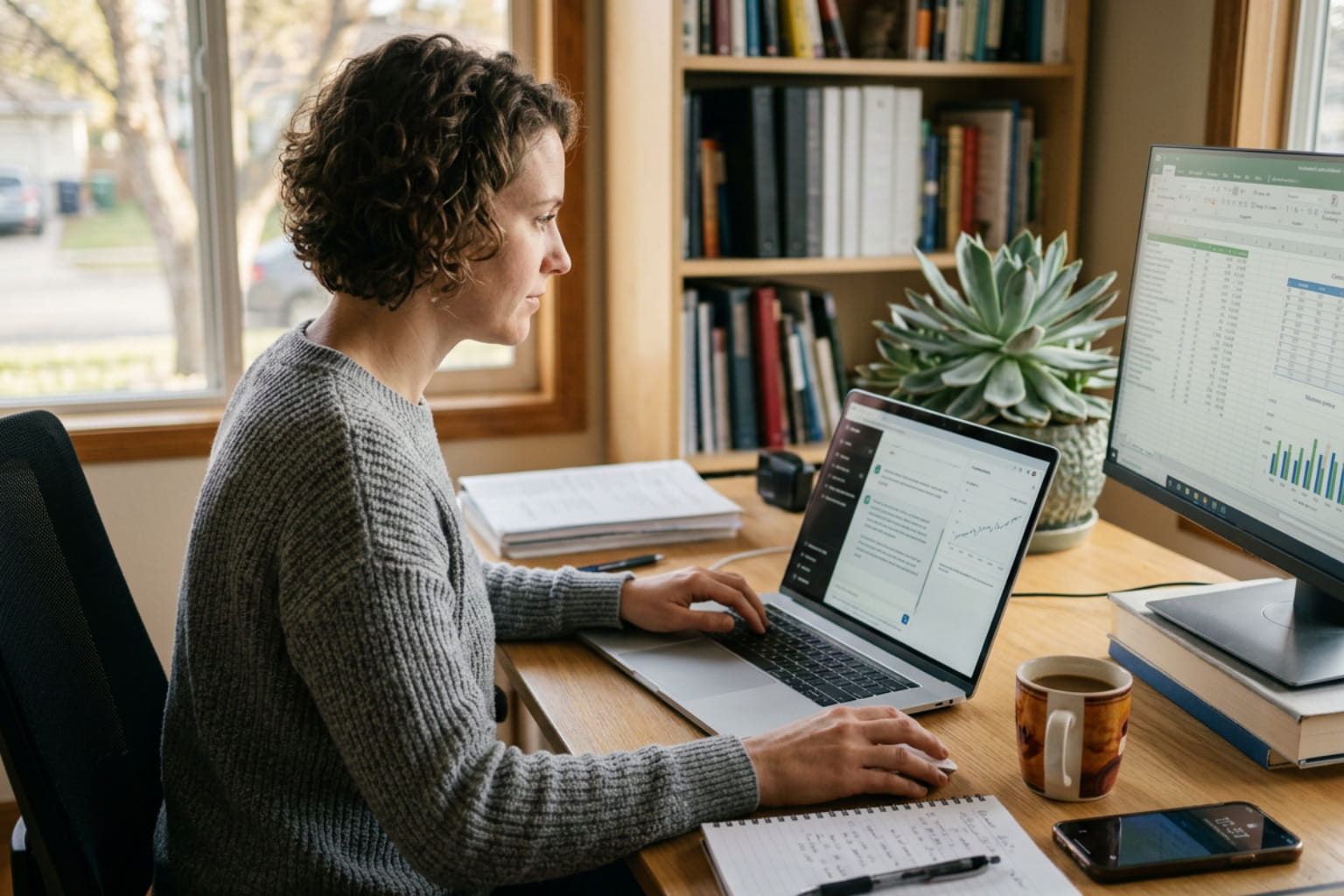 remote worker comparing dashboards and documents while using a chatgpt alternative for small business tasks.