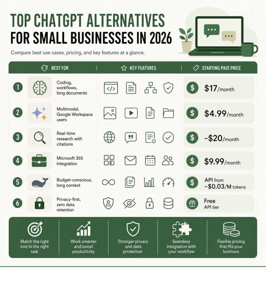 infographic comparing top chatgpt alternative tools for small businesses in 2026.