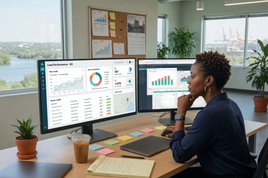 professional reviewing lead performance dashboards with a chatgpt alternative in a modern office.