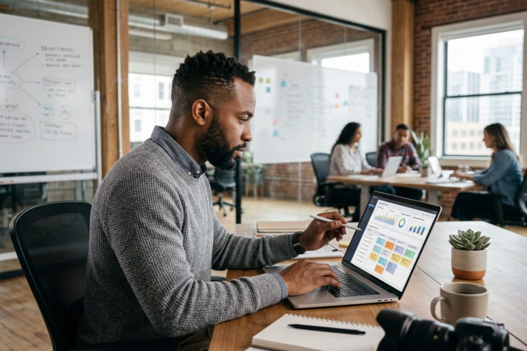 analyst using a laptop dashboard and stylus with a chatgpt alternative in a collaborative office.