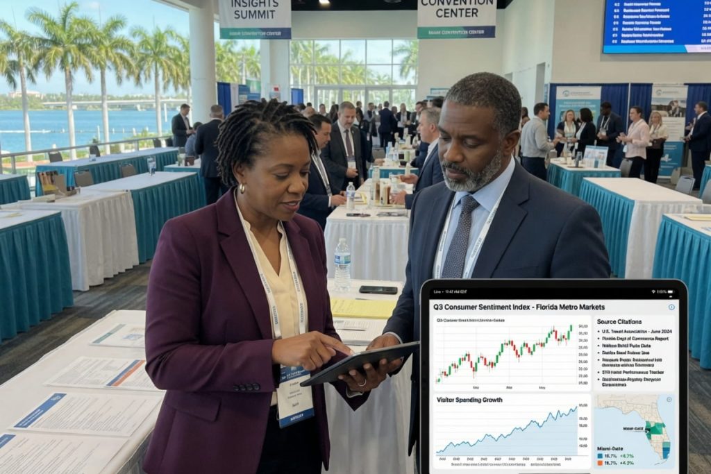 conference attendees reviewing market data on a tablet with a chatgpt alternative for research.