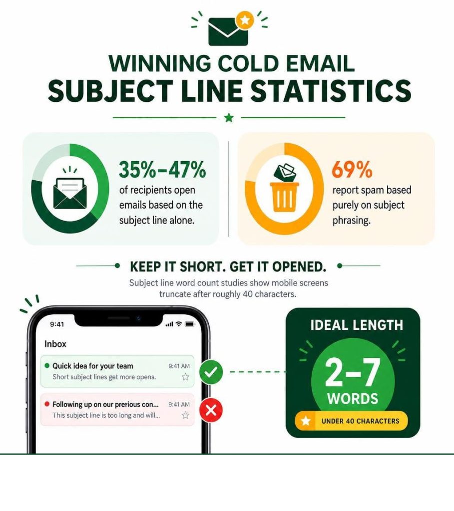 Cold Email Templates infographic with subject line statistics and ideal length guidance.