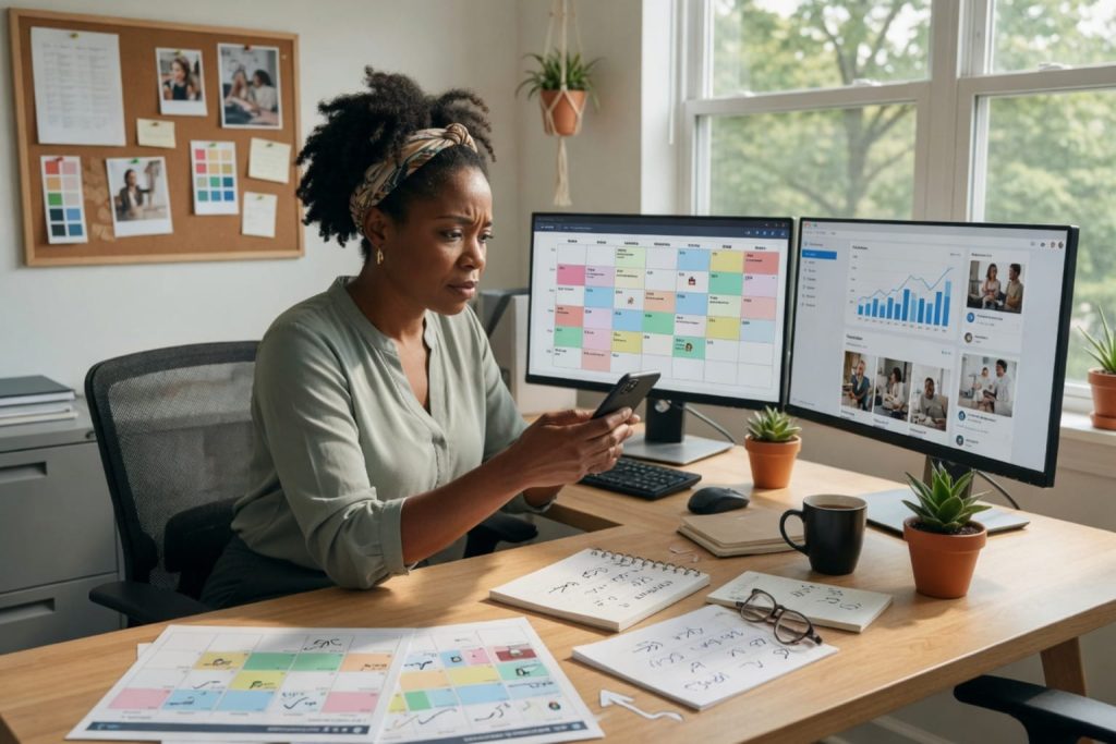 Woman at a dual-monitor desk using a digital content calendar template with printed planners and notebooks.