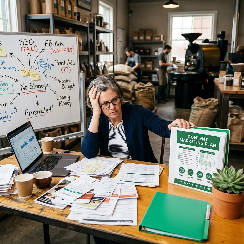 A small business owner at a cluttered desk, overwhelmed by failed marketing efforts, contrasted with a Content Marketing Plan binder as a solution.
