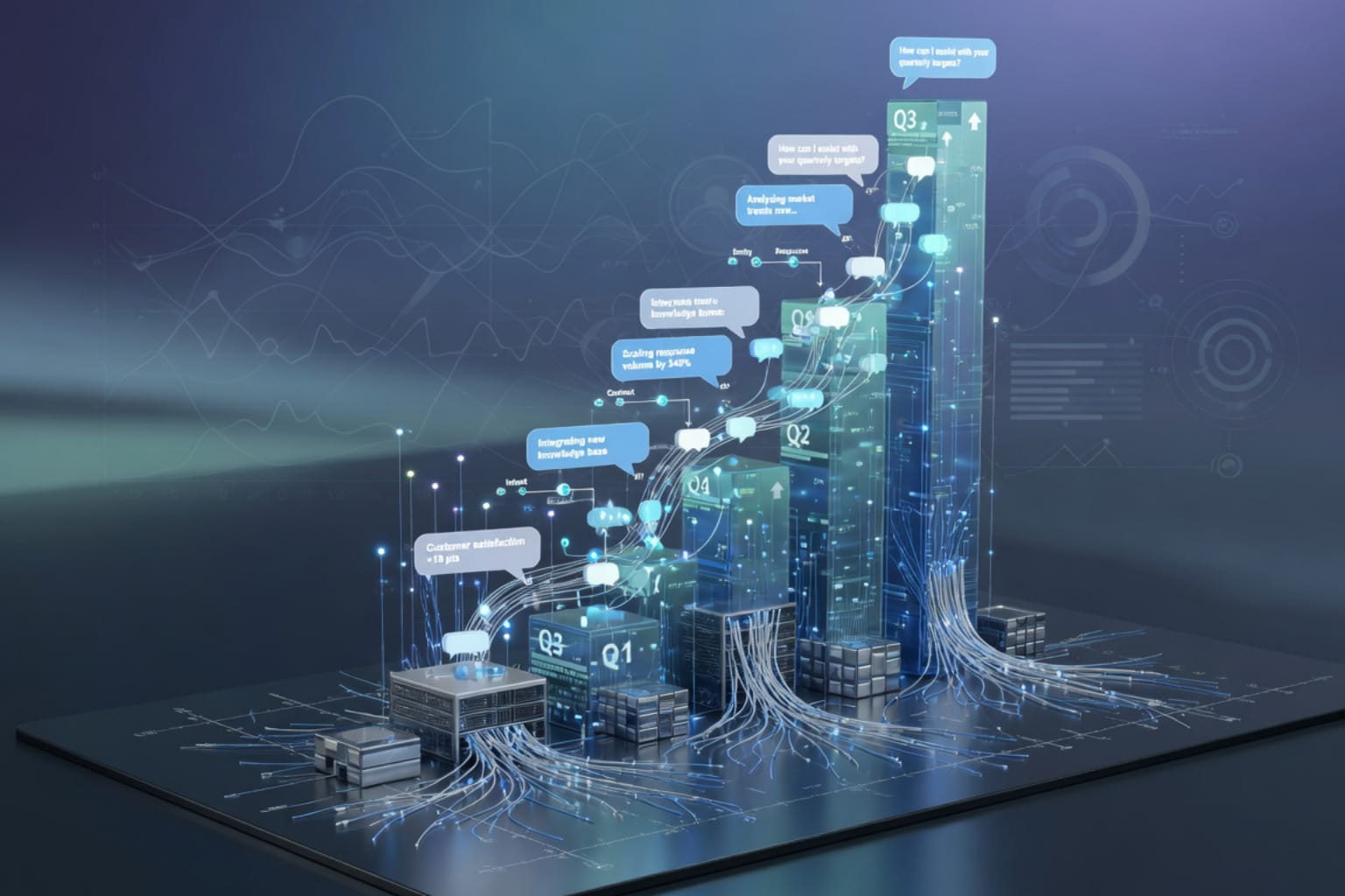 Futuristic bar chart showing business growth and AI-driven insights for conversational AI platforms.