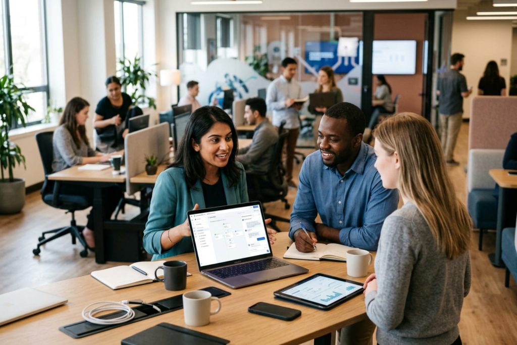 Team reviewing dashboards and workflows in a modern office using conversational AI platforms.