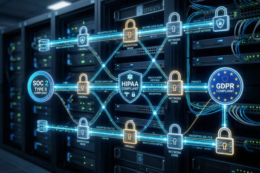 Cybersecurity illustration highlighting compliance and secure infrastructure for conversational AI platforms.