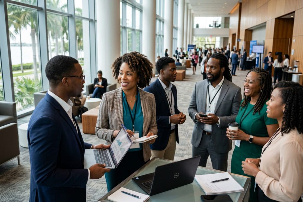 Business professionals discussing analytics and strategy at an event focused on conversational AI platforms.
