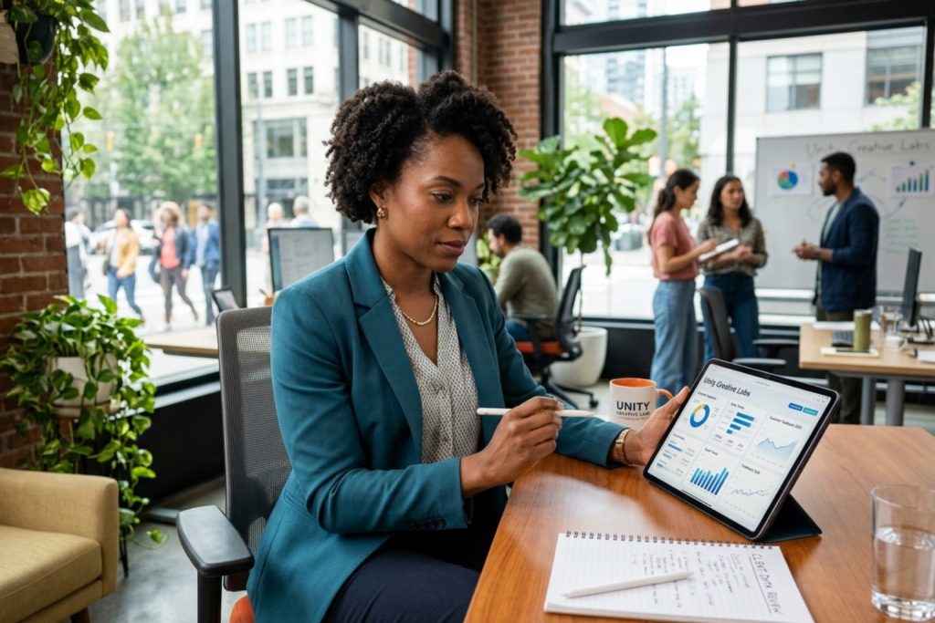 A woman in a teal blazer points at a tablet displaying customer retention strategies data charts in a modern office.