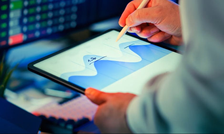 Data chart on tablet representing customer satisfaction survey questions and survey analysis.