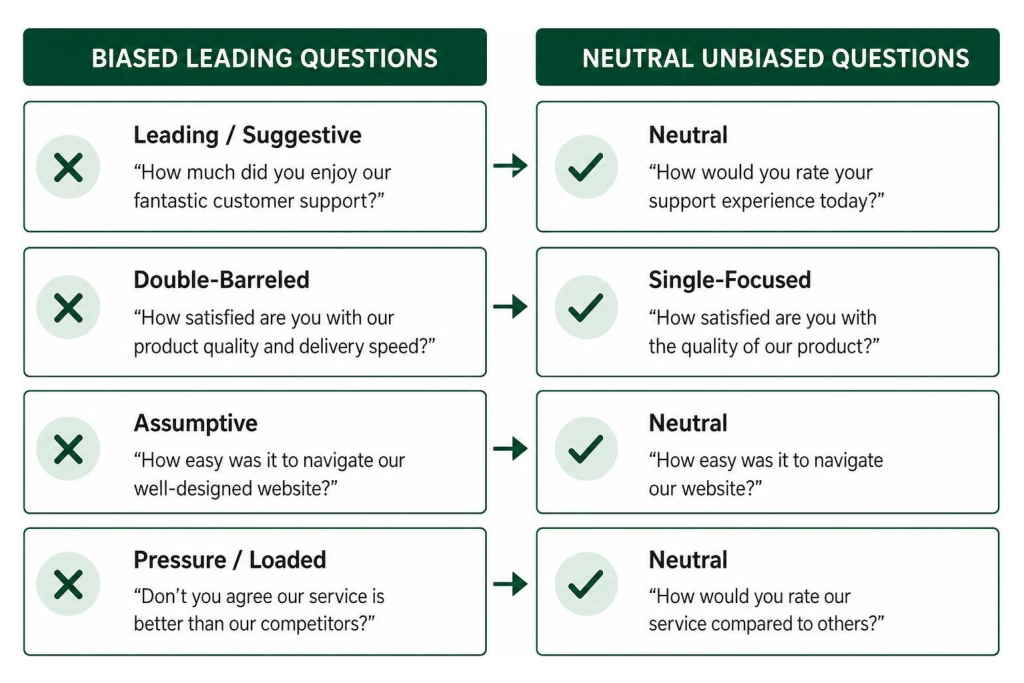 Comparison graphic about biased and neutral customer satisfaction survey questions.