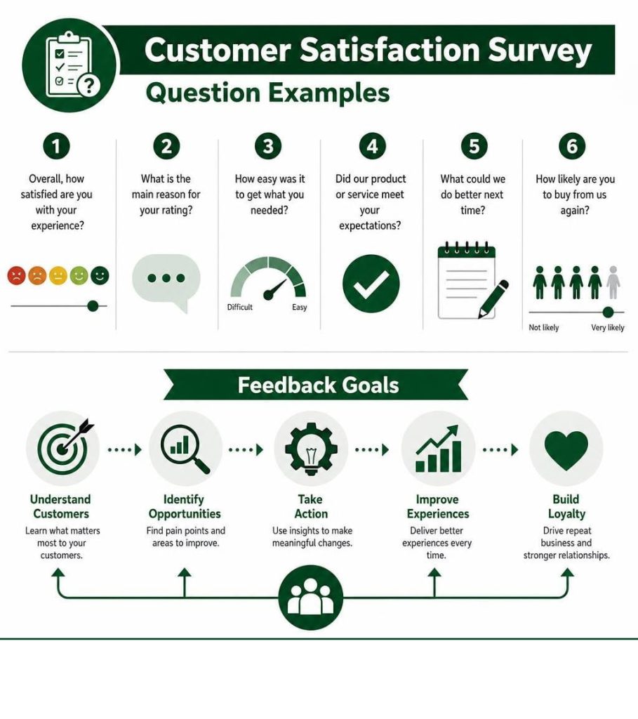 Infographic showing customer satisfaction survey questions and feedback goals.