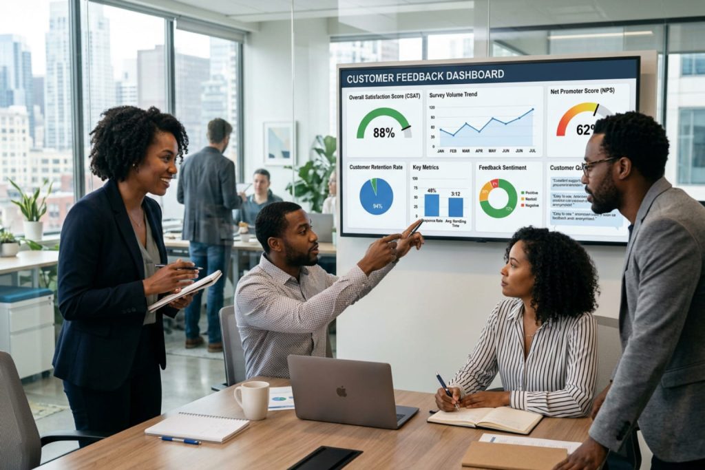 Team reviewing a customer satisfaction survey software dashboard in a modern office.