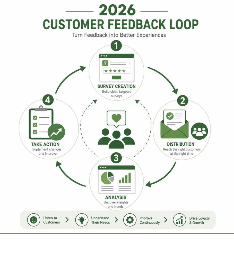 Customer satisfaction survey software feedback loop infographic showing survey creation analysis and action.