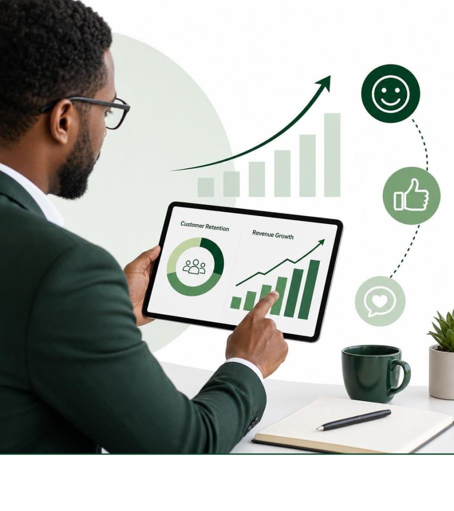 Professional using customer satisfaction survey software to track retention and revenue growth.