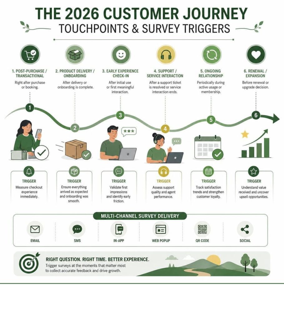 Customer journey infographic showing customer satisfaction survey software triggers across key touchpoints.