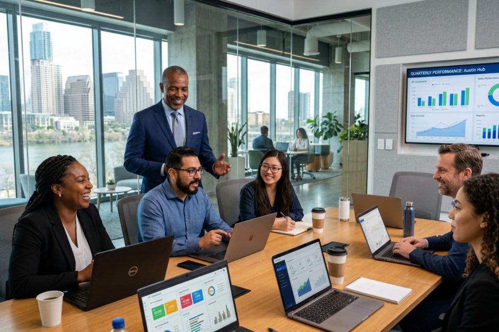 Business team reviewing performance dashboards with customer satisfaction survey software in a conference room.