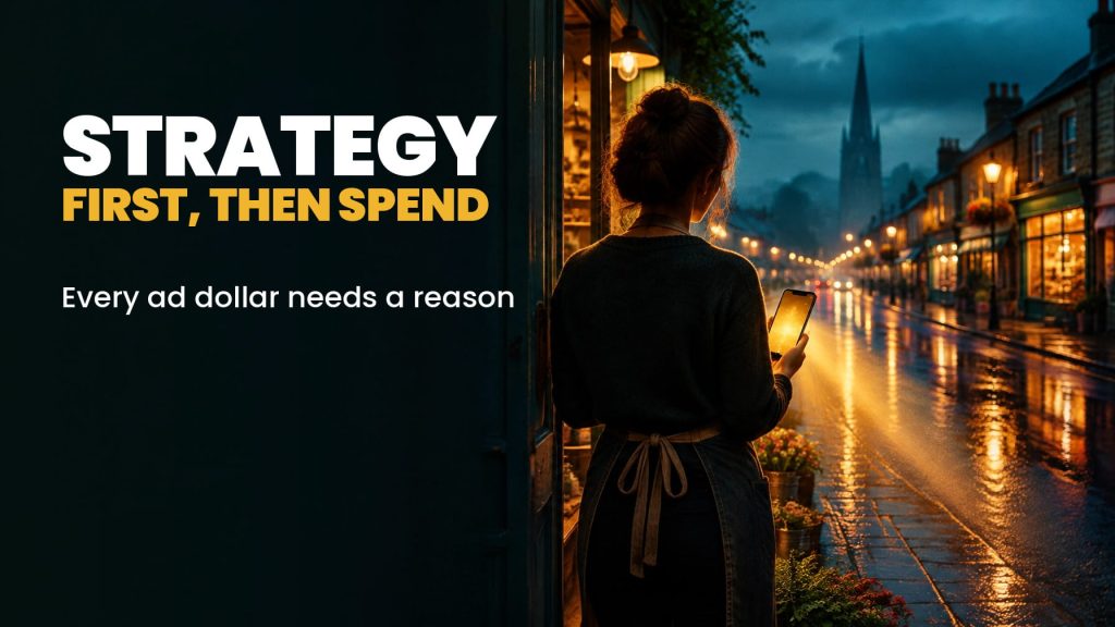 Shop owner looking at a glowing phone in a rainy street scene illustrating a digital advertising strategy.