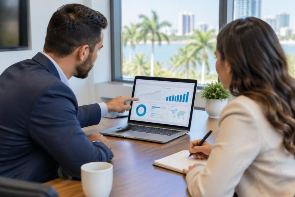 Two professionals reviewing a laptop dashboard during a digital advertising strategy meeting.