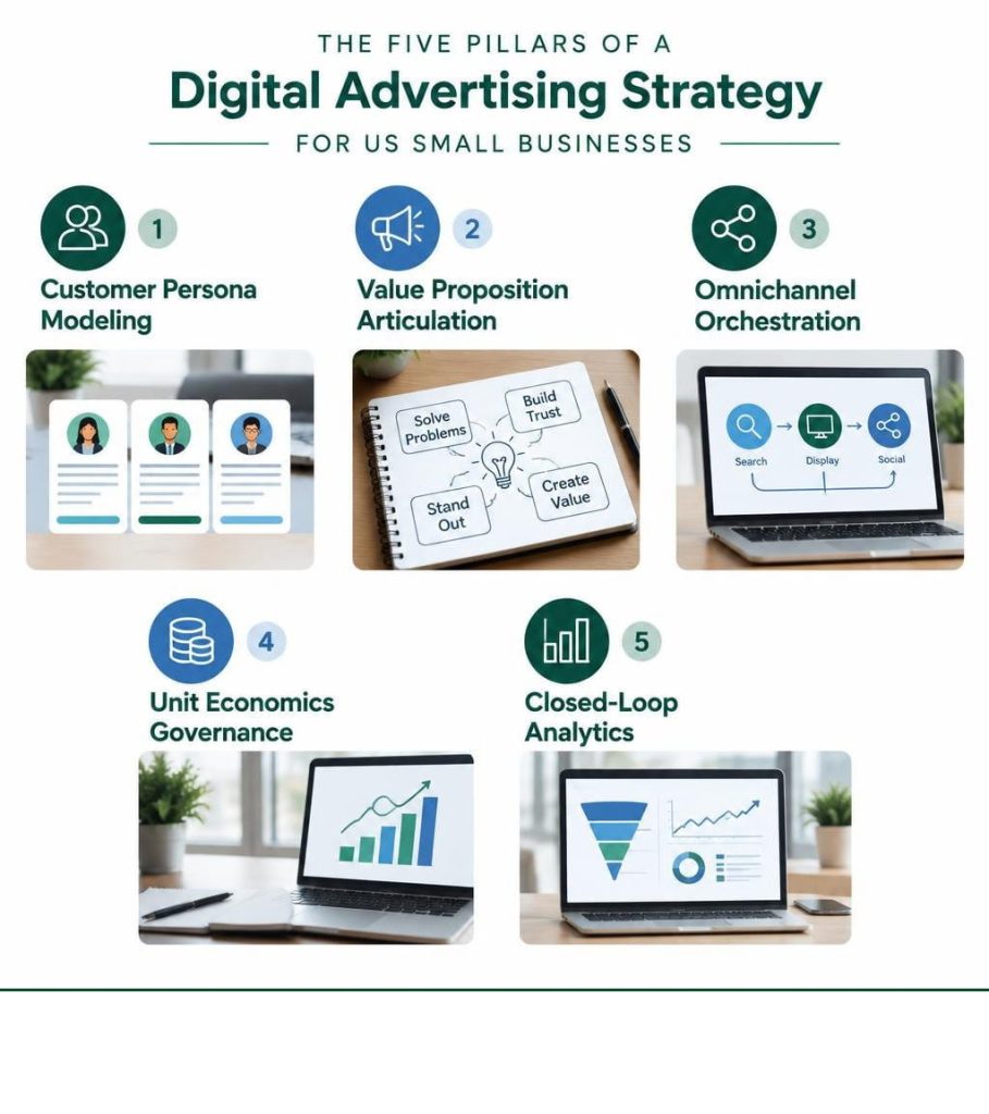 Infographic showing five pillars of a digital advertising strategy for small businesses.