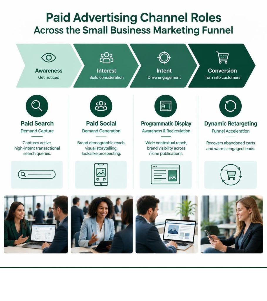 Infographic mapping channel roles across the digital advertising strategy funnel.