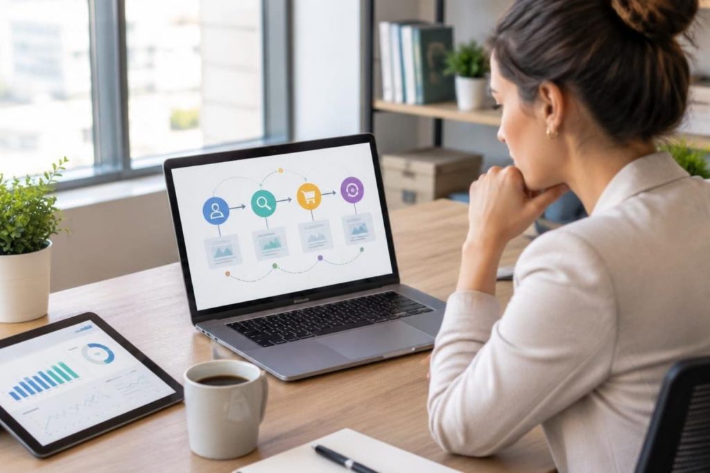 Woman analyzing a laptop funnel diagram and tablet metrics for a digital advertising strategy.