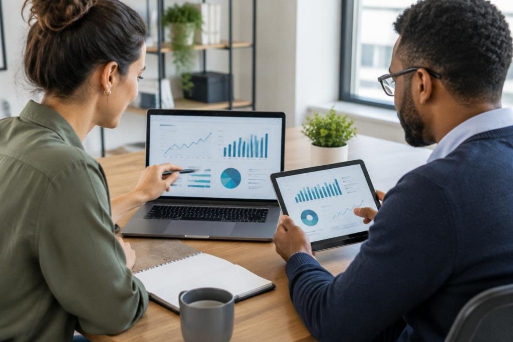Two coworkers comparing analytics dashboards to guide a digital advertising strategy.
