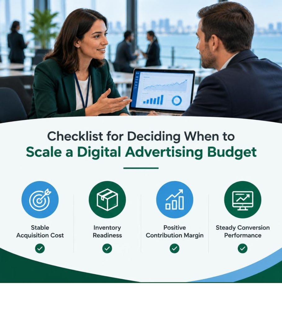 Checklist infographic for scaling budget within a digital advertising strategy.