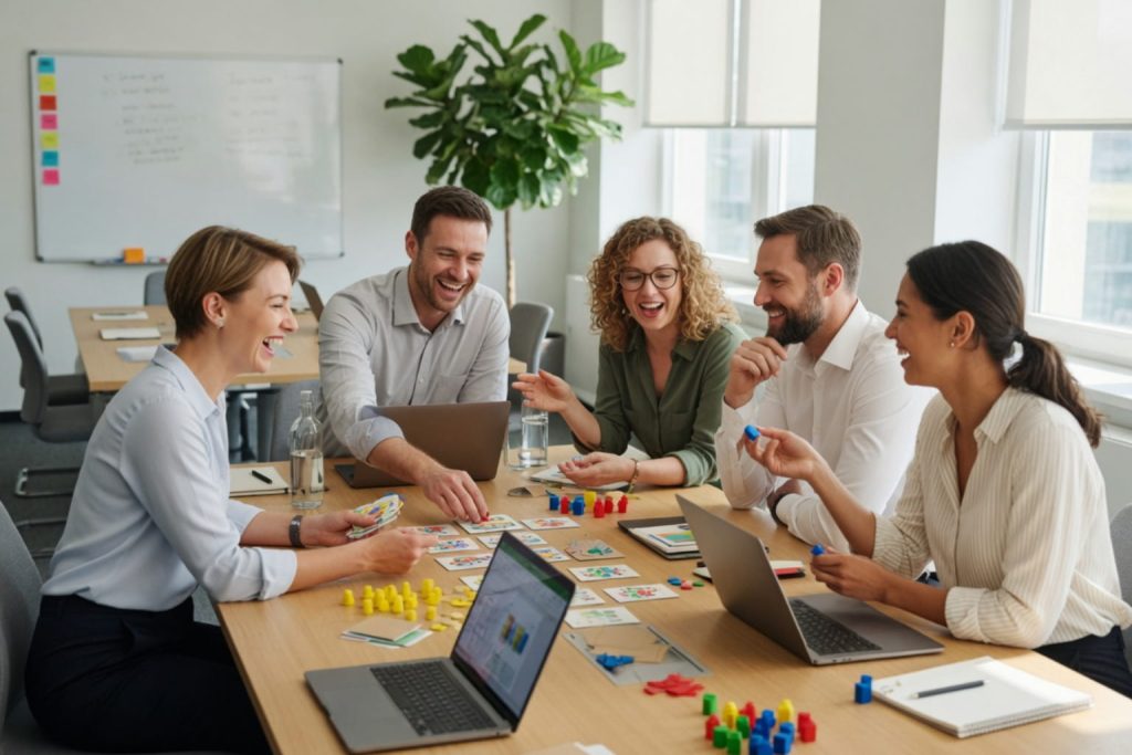 Five diverse colleagues laugh during a gamified team workshop with cards, tokens, and laptops, exploring hands-on employee engagement ideas at a bright conference table.