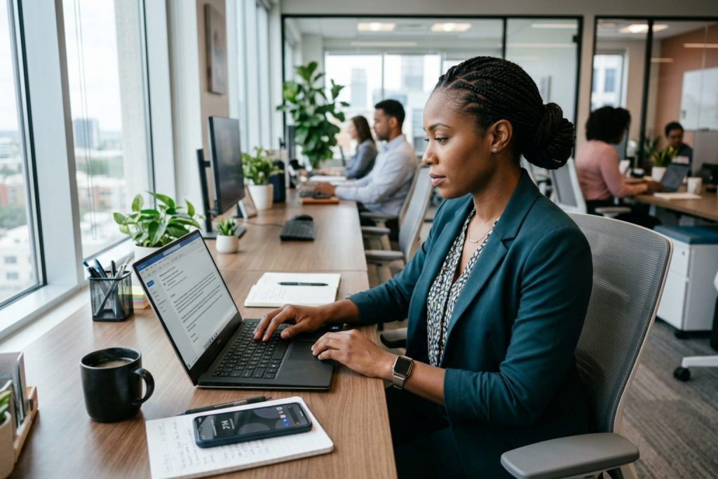 Professional working at laptop in a modern office, representing a follow up email after sales call.