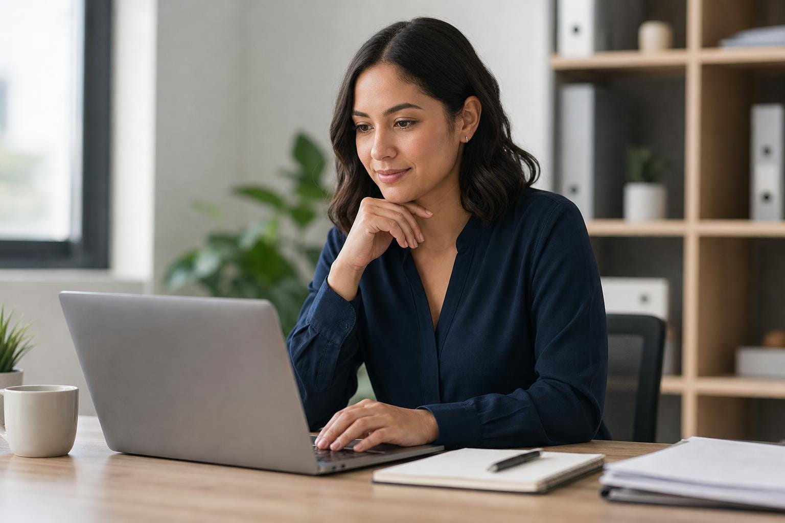 Woman in a blue blouse smiles at her laptop while writing a follow up email after no response.