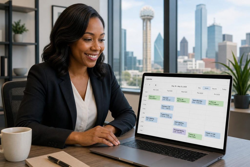 Woman views a weekly calendar with scheduled follow up email after no response reminders and client meetings.