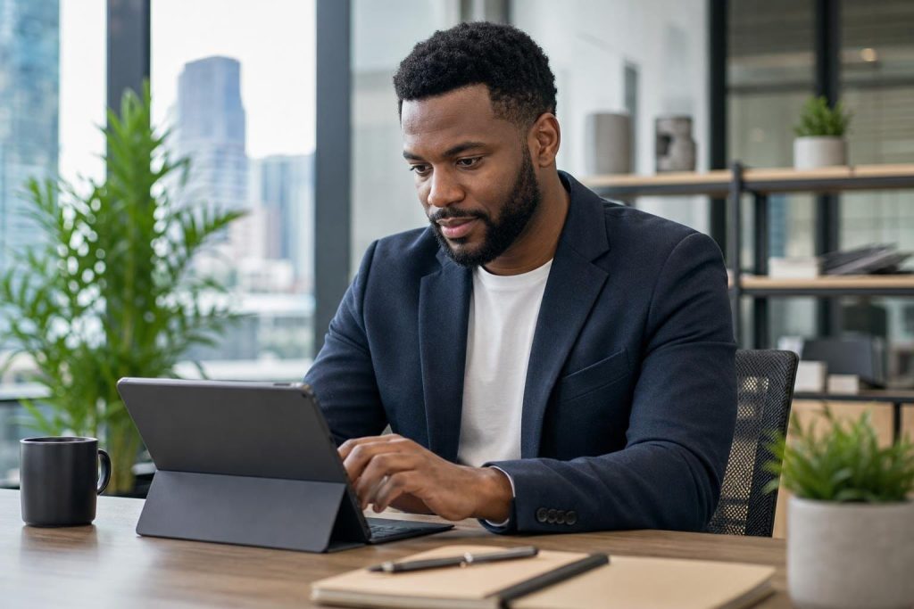 Man works on a tablet at a city office desk sending a follow up email after no response.
