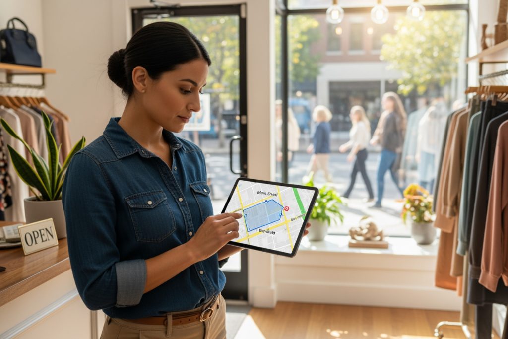 A woman in a clothing boutique using a tablet displaying a map with highlighted zones. The store features racks of clothes, plants, and an "OPEN" sign on the counter, with natural light streaming through a large window, showcasing the effectiveness of geofencing marketing for targeted promotions.