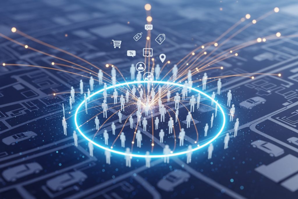 A digital illustration of a network with white human silhouettes connected by glowing golden lines, surrounded by icons like a shopping cart, location pin, and percentage sign, set against a dark blue, circuitry-like background, representing geofencing marketing.