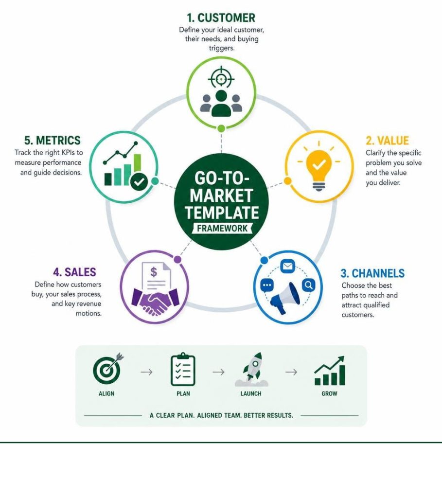 circular infographic showing a go to market strategy template with customer value channels sales and metrics.