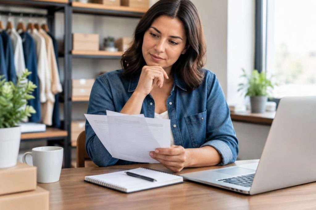 small business owner reviewing paperwork while choosing great banks for small business.