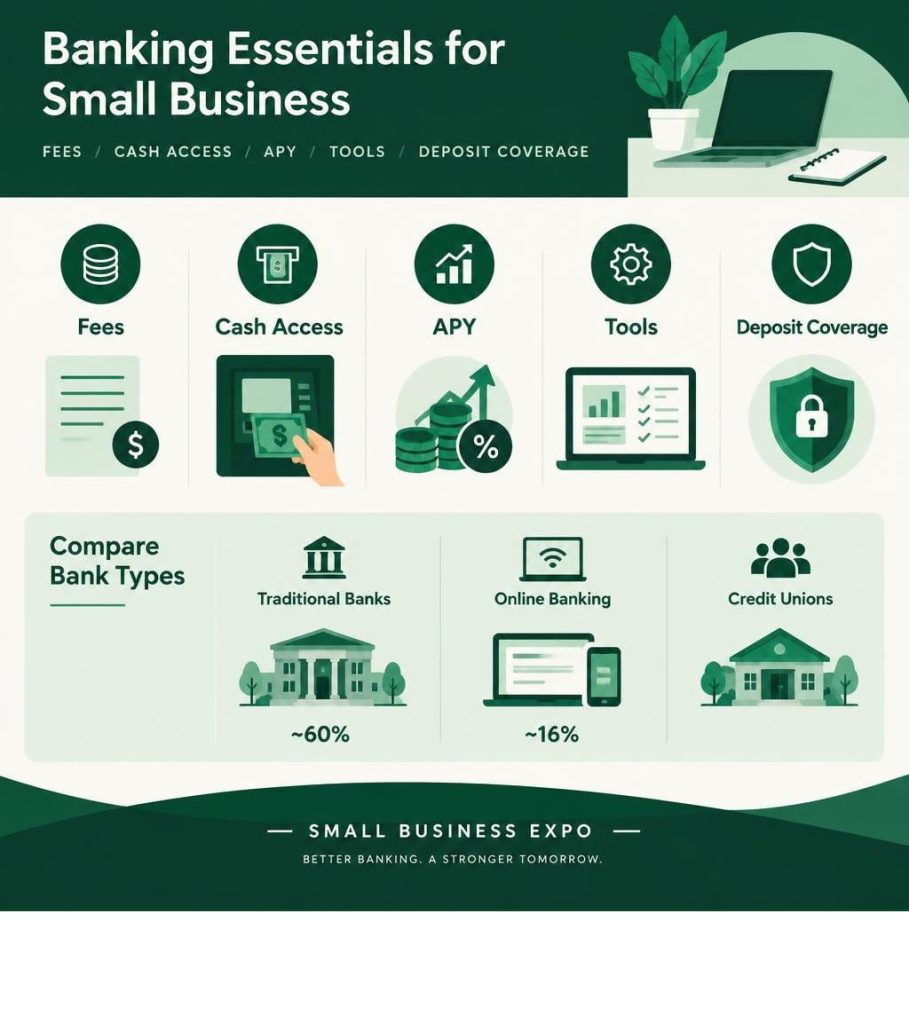 infographic highlighting fees cash access and tools for great banks for small business.