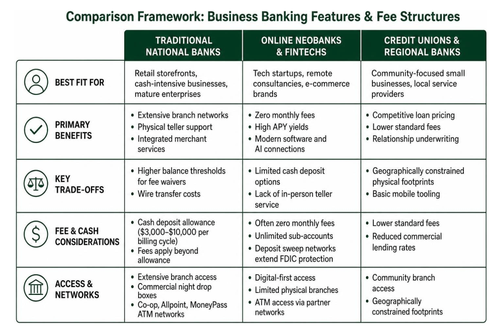 comparison chart of banking options for finding great banks for small business.